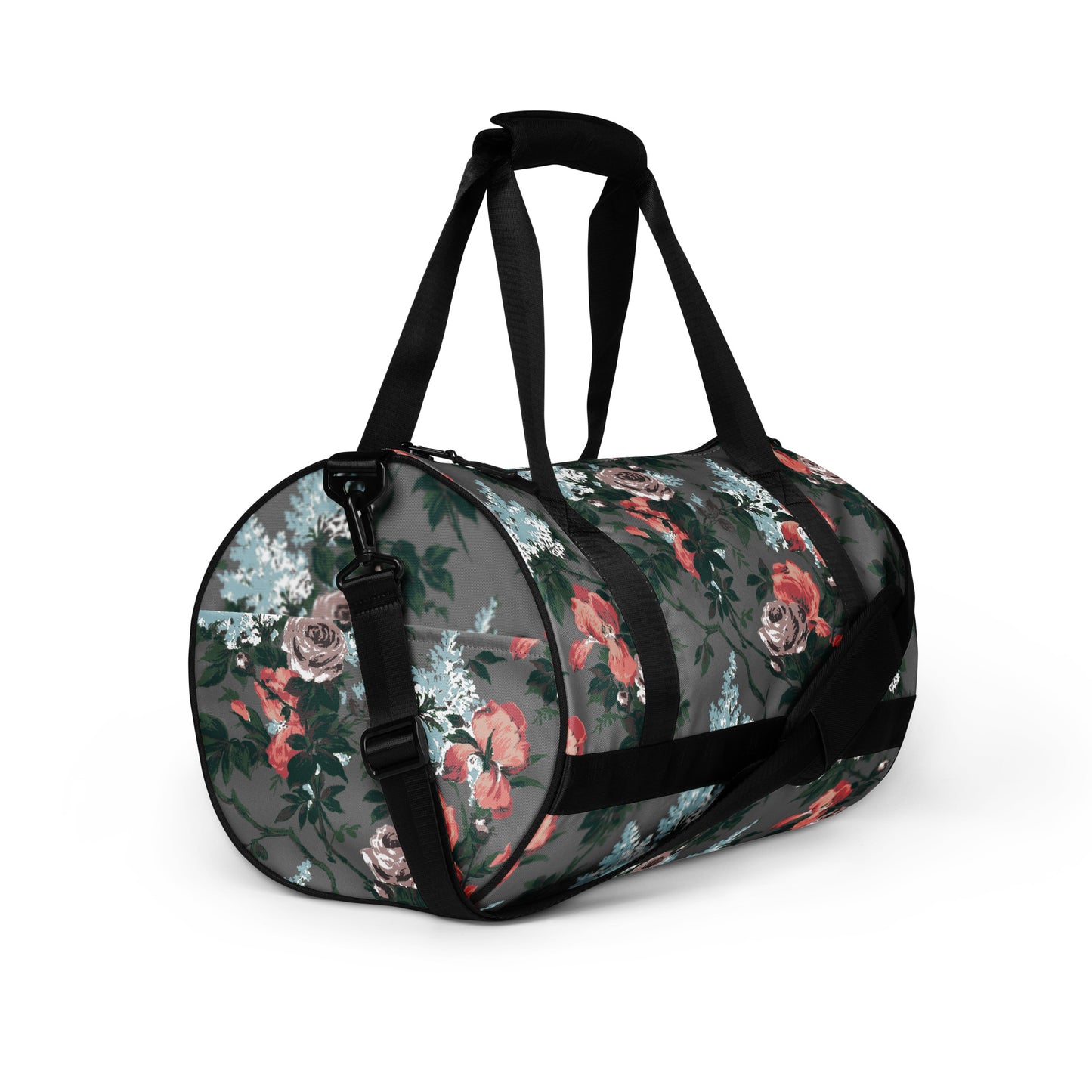 Hillary Overnighter Carry On Workout Duffle Bag in Grey Bella Roses | Pinup Couture Relaxed