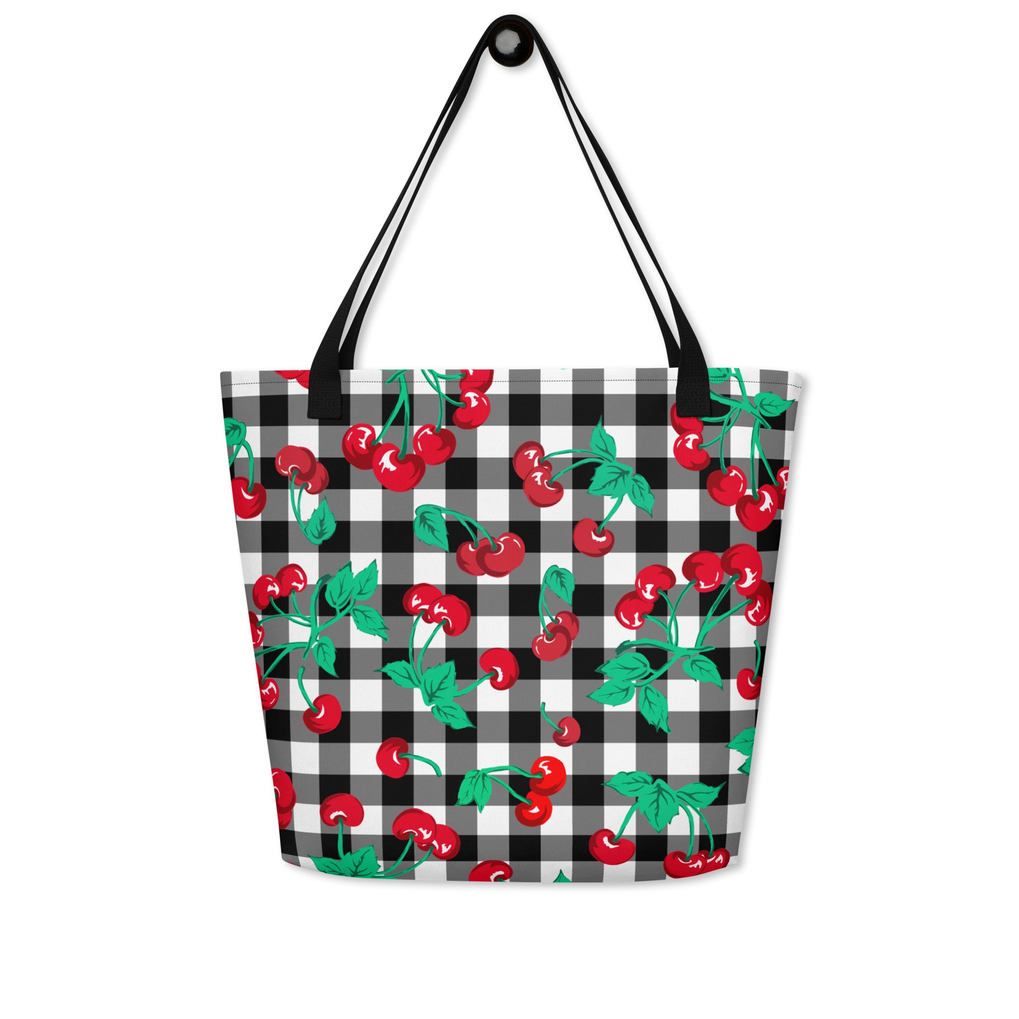 Bethany Cherry Girl Black Gingham Print Oversized Tote Bag