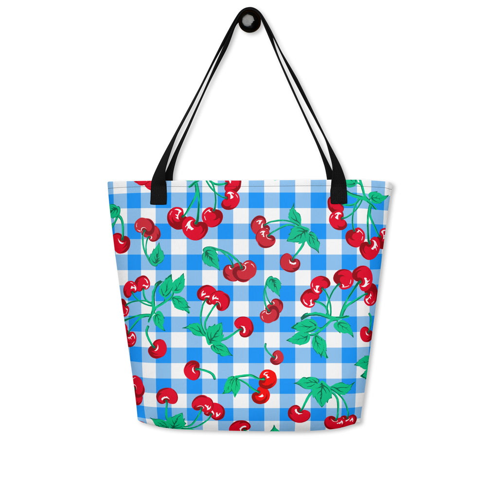 Bethany Cherry Girl Blue Gingham Print Oversized Tote Bag
