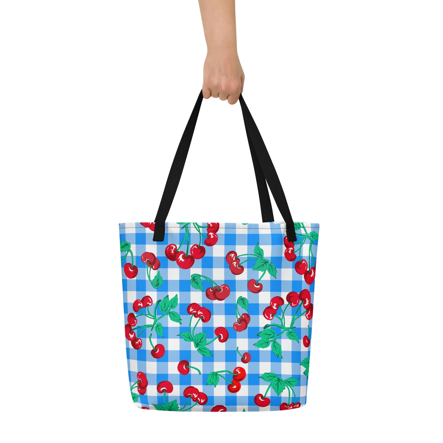 Bethany Cherry Girl Blue Gingham Print Oversized Tote Bag | Pinup Couture Relaxed