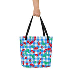 Bethany Cherry Girl Blue Gingham Print Oversized Tote Bag