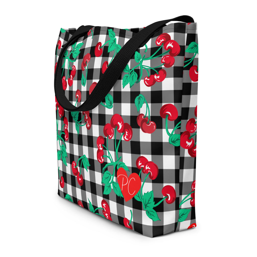 Bethany Cherry Girl Black Gingham Print Oversized Tote Bag