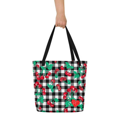 Bethany Cherry Girl Black Gingham Print Oversized Tote Bag | Pinup Couture Relaxed