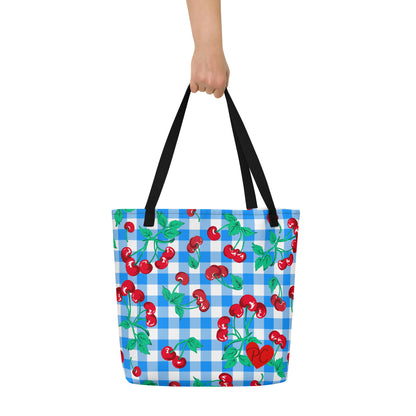 Bethany Cherry Girl Blue Gingham Print Oversized Tote Bag | Pinup Couture Relaxed