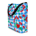 Bethany Cherry Girl Blue Gingham Print Oversized Tote Bag