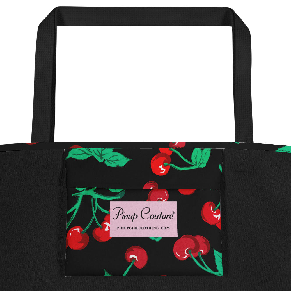 Bethany Cherry Girl Black Oversized Tote Bag | Pinup Couture Relaxed