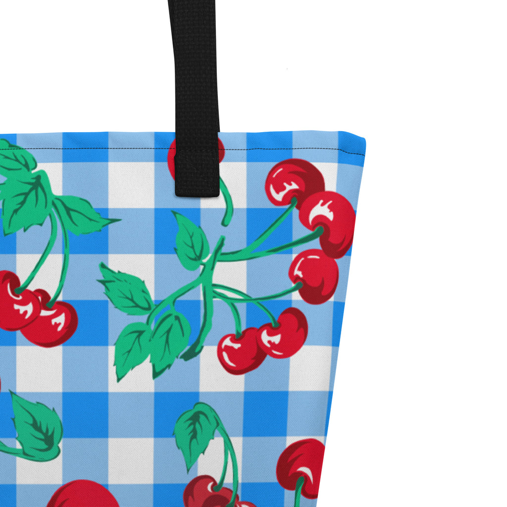 Bethany Cherry Girl Blue Gingham Print Oversized Tote Bag