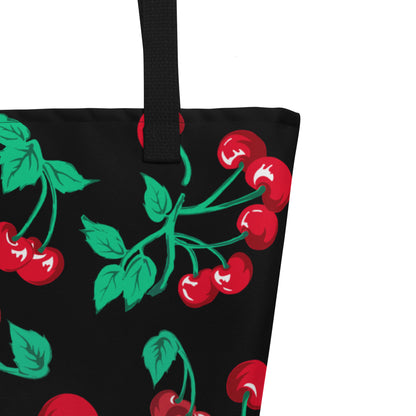 Bethany Cherry Girl Black Oversized Tote Bag | Pinup Couture Relaxed