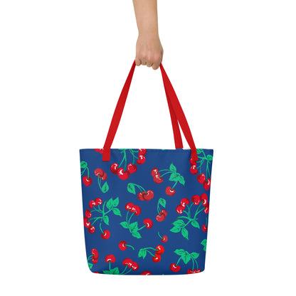 Bethany Cherry Girl Dark Blue Oversized Tote Bag | Pinup Couture Relaxed