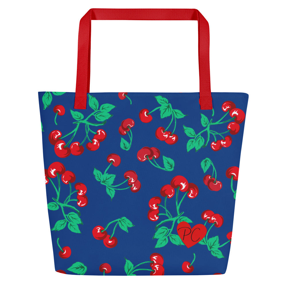 Bethany Cherry Girl Dark Blue Oversized Tote Bag | Pinup Couture Relaxed