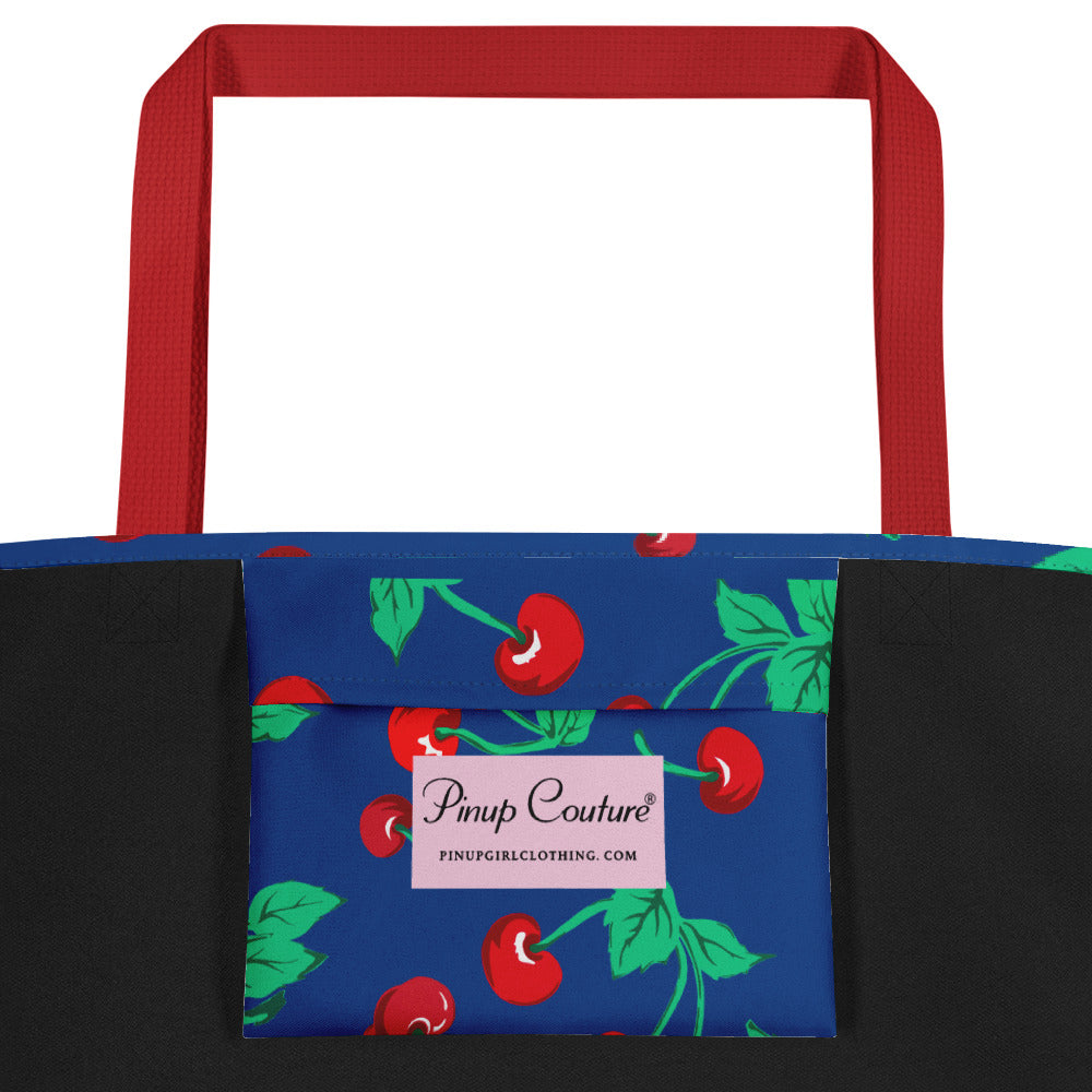Bethany Cherry Girl Dark Blue Oversized Tote Bag | Pinup Couture Relaxed