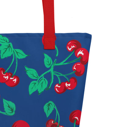 Bethany Cherry Girl Dark Blue Oversized Tote Bag | Pinup Couture Relaxed