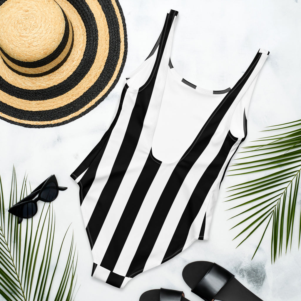 Rory Black & White Mark Stripe One-Piece Scoop Back Swimsuit