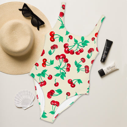 Rory Antique Ivory Cherry Girl One-Piece Swimsuit | Pinup Couture Swim