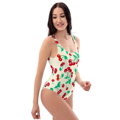 Rory Antique Ivory Cherry Girl One-Piece Swimsuit | Pinup Couture Swim