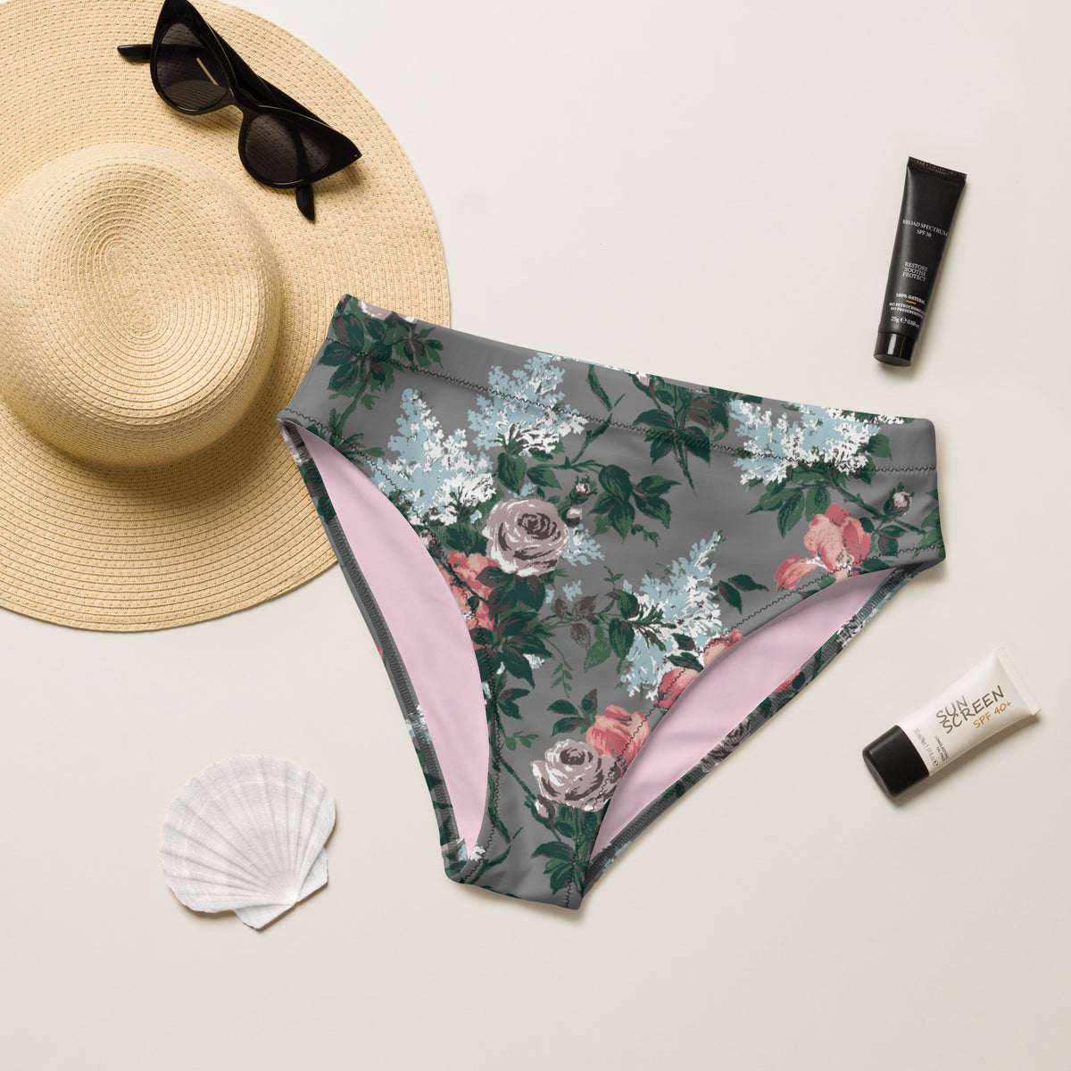 J'Adore Grey Bella Roses Recycled High-Waisted Bikini Bottom