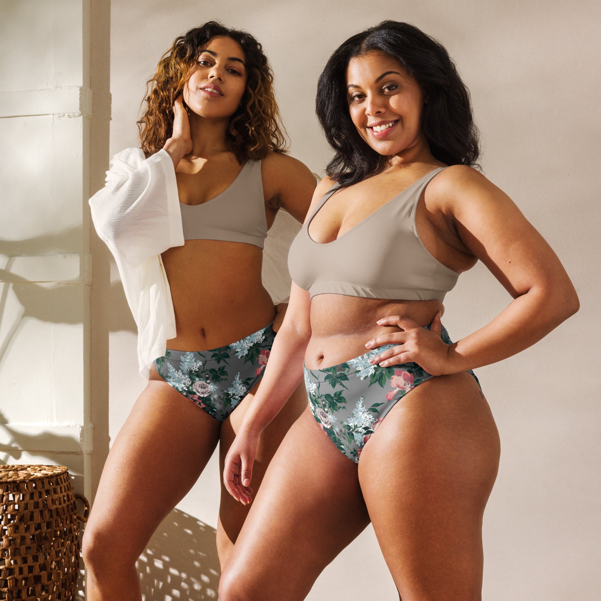 J'Adore Grey Bella Roses Recycled High-Waisted Bikini Bottom