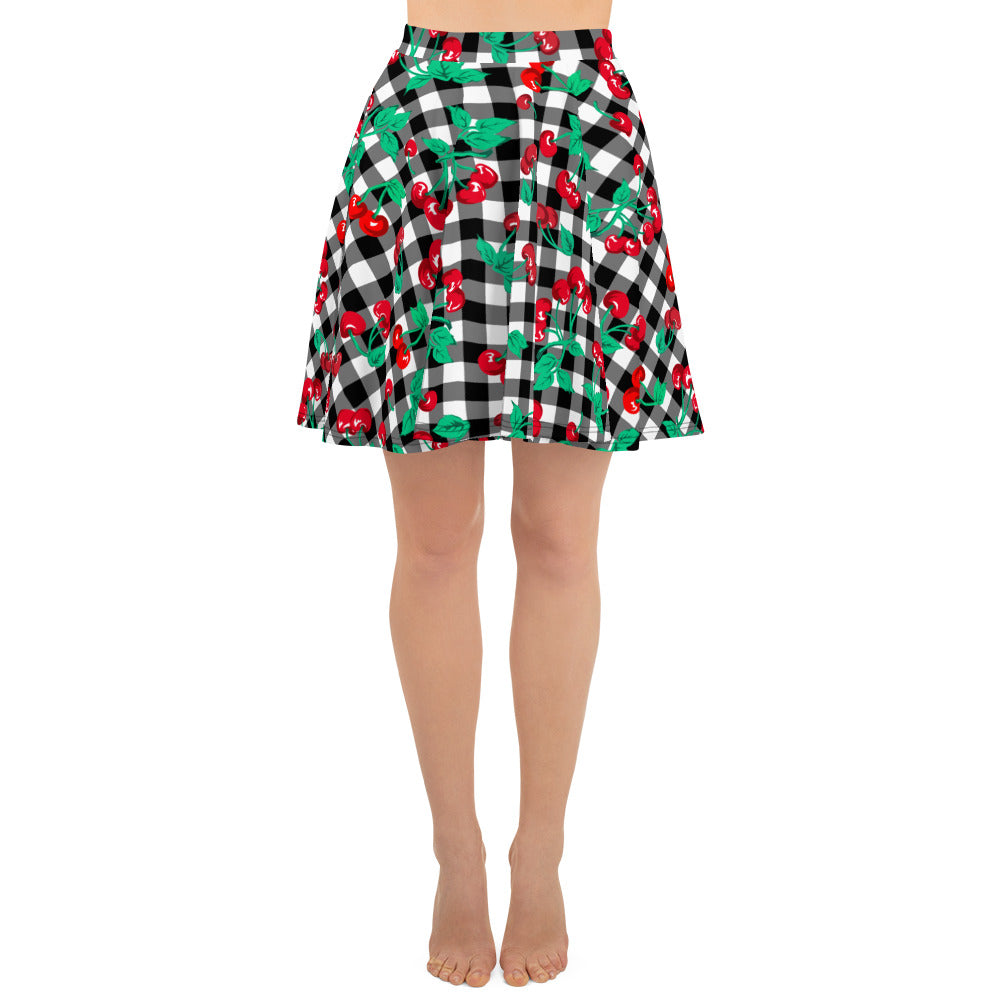 Frenchie Beach Coverup Swim Skater Skirt in Black Gingham Cherry Girl