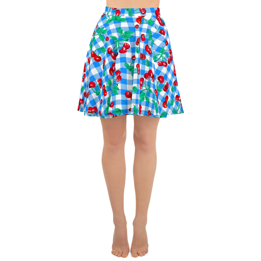 Frenchie Beach Coverup Swim Skater Skirt in Blue Gingham Cherry Girl
