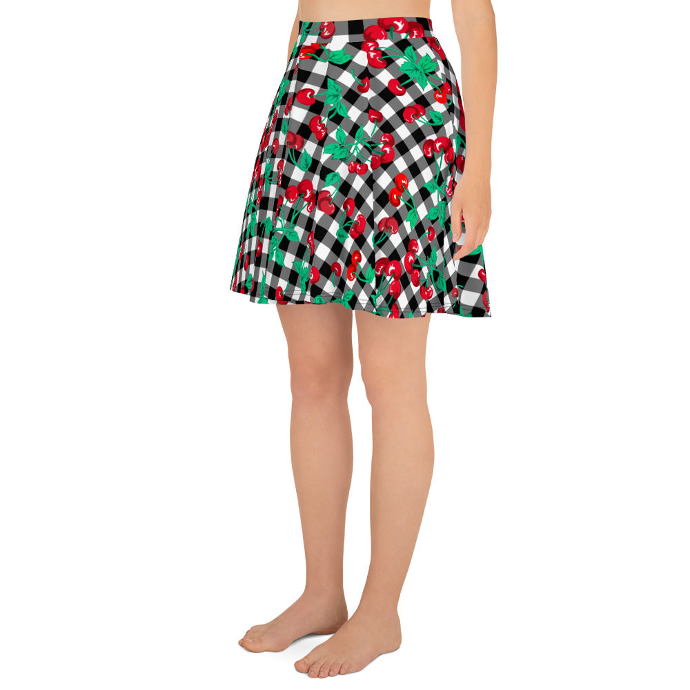 Frenchie Beach Coverup Swim Skater Skirt in Black Gingham Cherry Girl