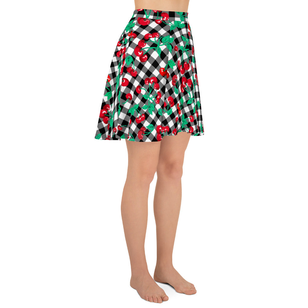 Frenchie Beach Coverup Swim Skater Skirt in Black Gingham Cherry Girl