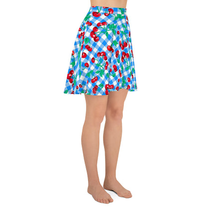 Frenchie Beach Coverup Swim Skater Skirt in Blue Gingham Cherry Girl | Pinup Couture Swim