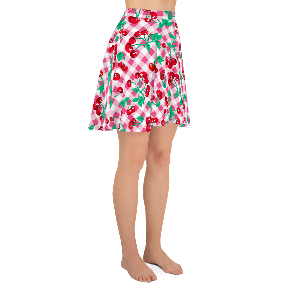 Frenchie Beach Coverup Swim Skater Skirt in Pink Gingham Cherry Girl | Pinup Couture Swim