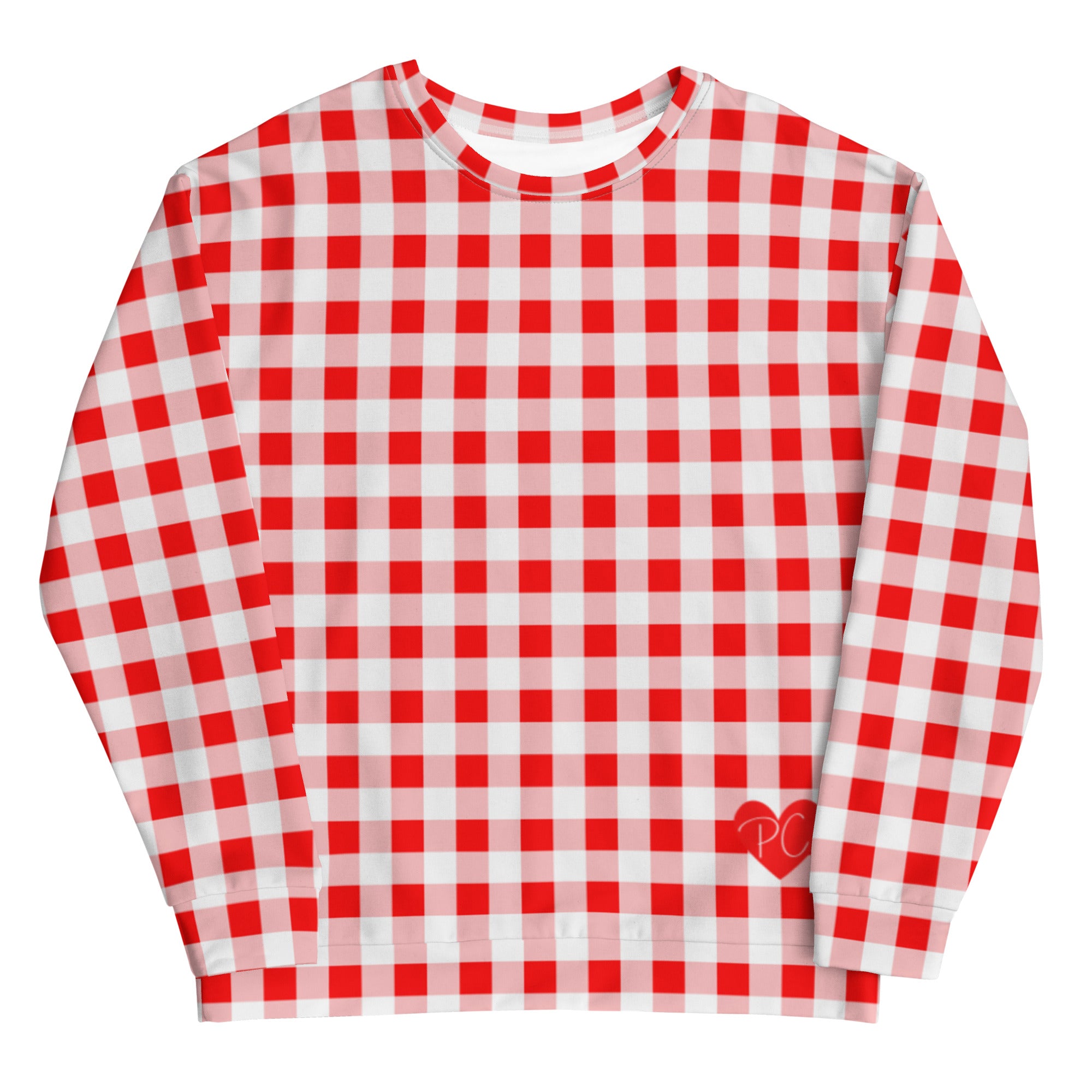 Cherry Red Vintage Gingham Long-Sleeved Crewneck Sweatshirt