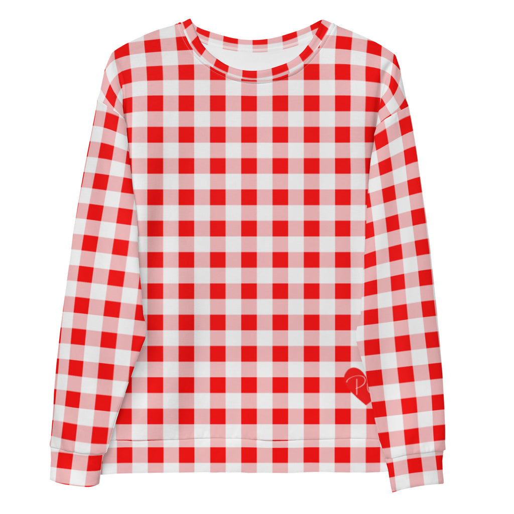 Cherry Red Vintage Gingham Long-Sleeved Crewneck Sweatshirt