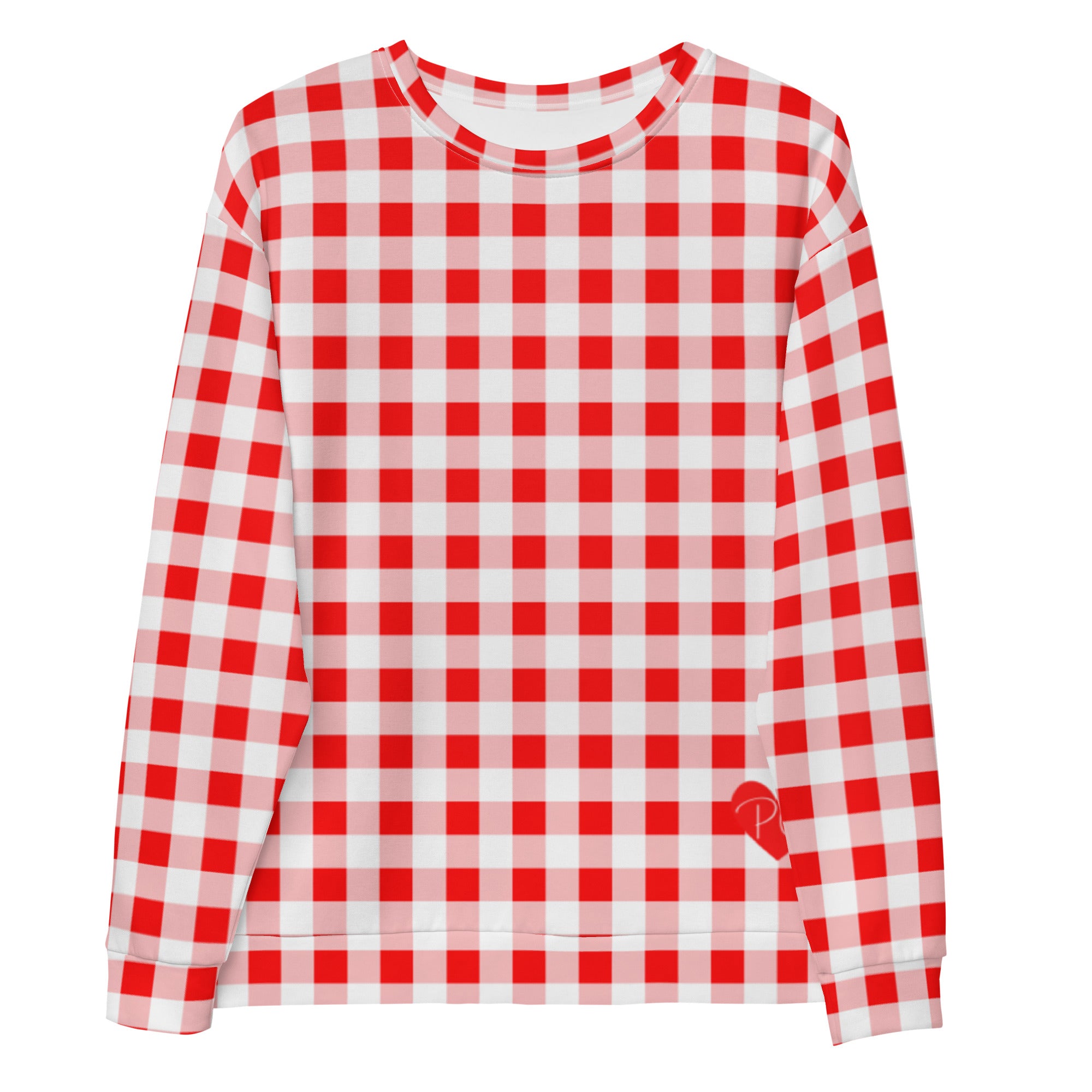 Cherry Red Vintage Gingham Long-Sleeved Crewneck Sweatshirt