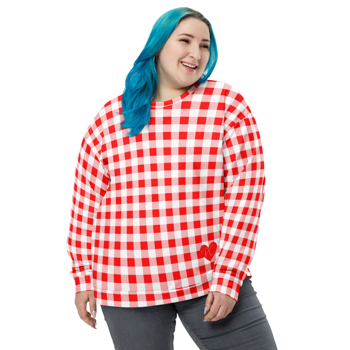 Cherry Red Vintage Gingham Long-Sleeved Crewneck Sweatshirt