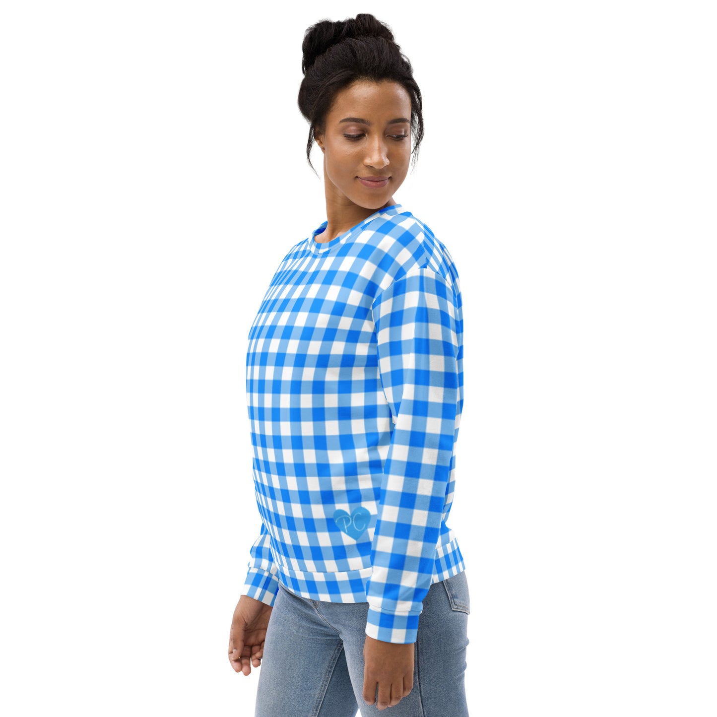 Beyond Blue Gingham Long-Sleeved Crewneck Sweatshirt | Pinup Couture Relaxed