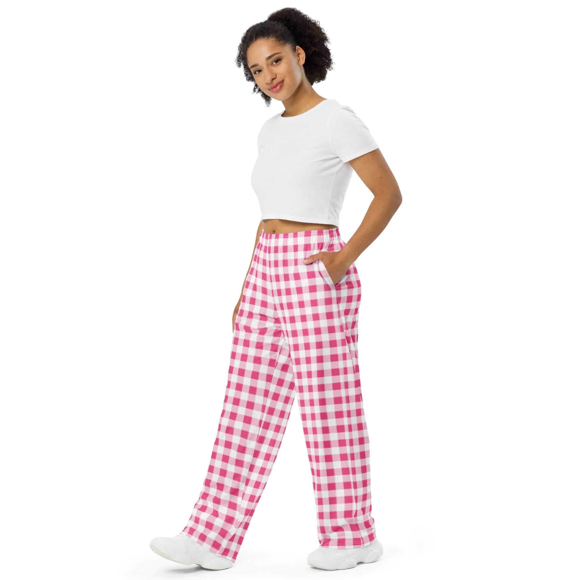 Pink Gingham Pink Pj Pants Plaid Long Pants Women Y2k Wide Leg