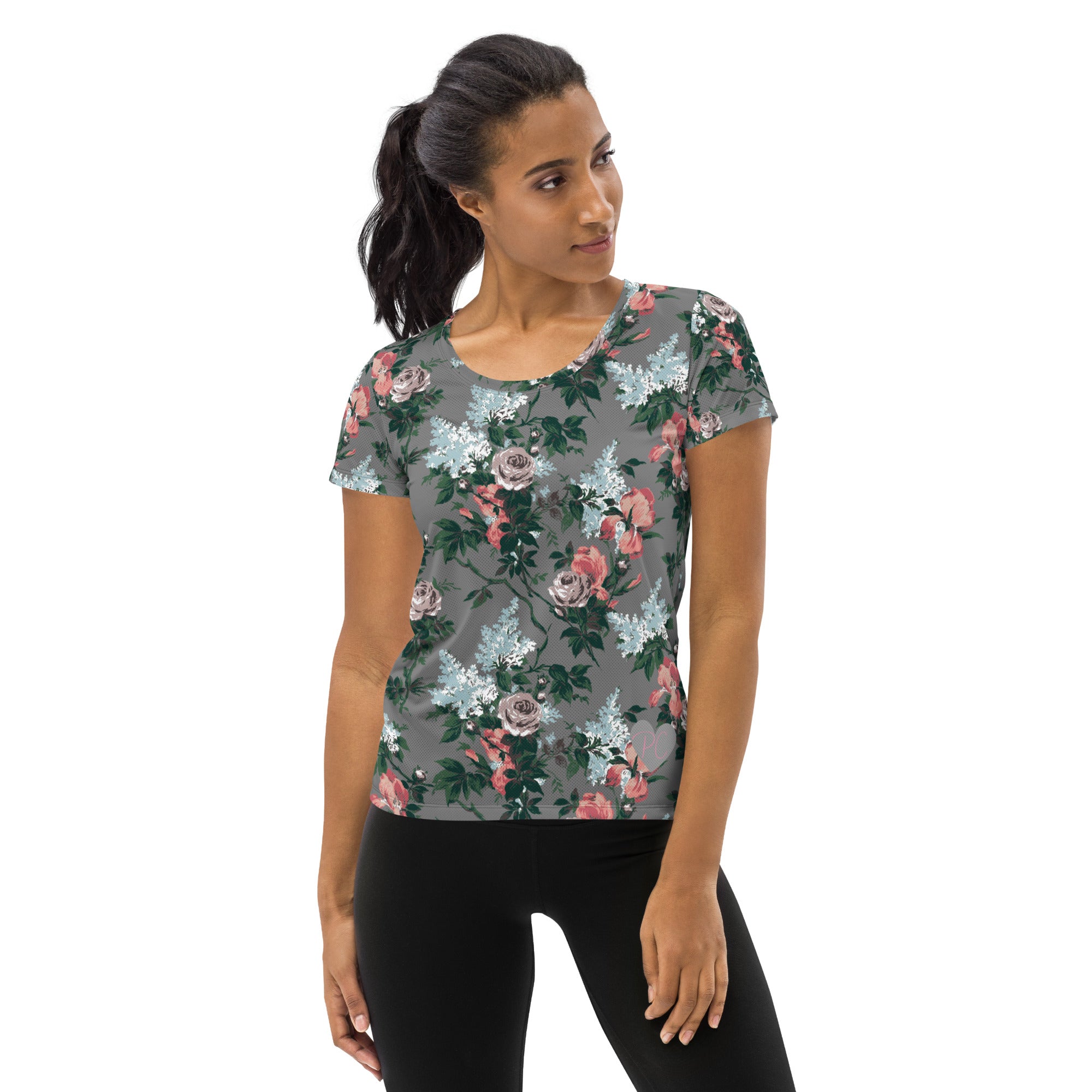 J'Adore Grey Bella Roses Print Women's Athletic T-shirt