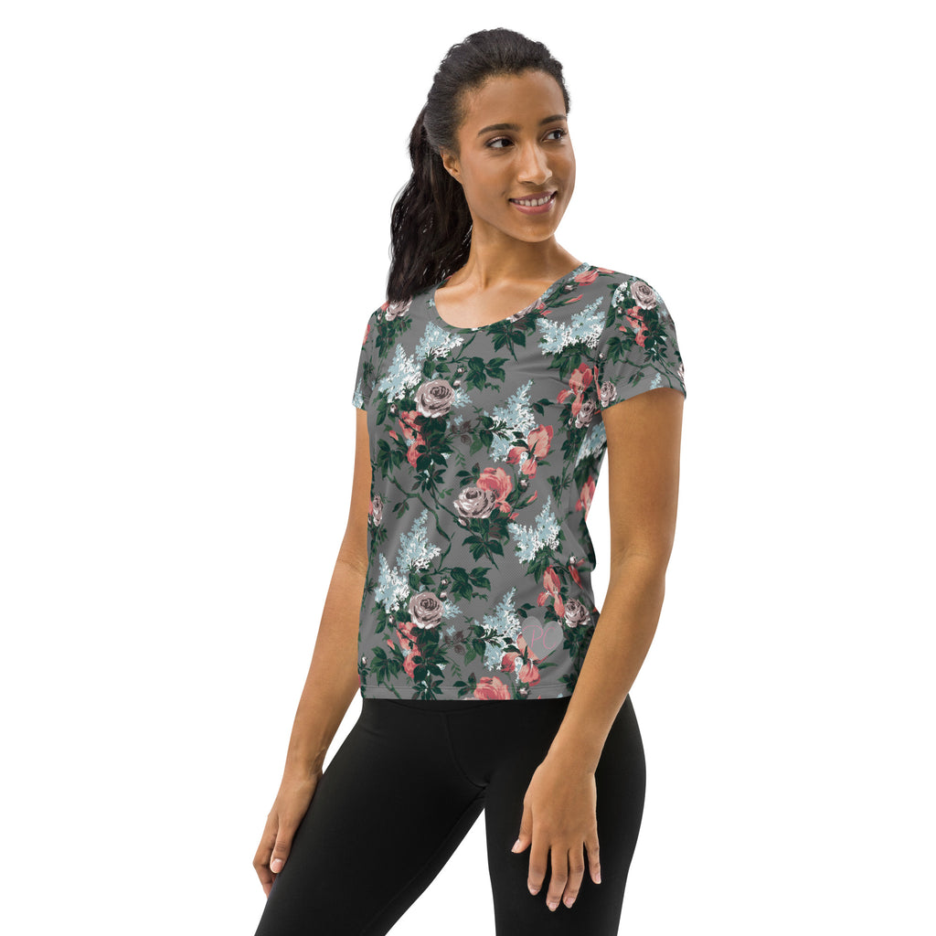 J'Adore Grey Bella Roses Print Women's Athletic T-shirt