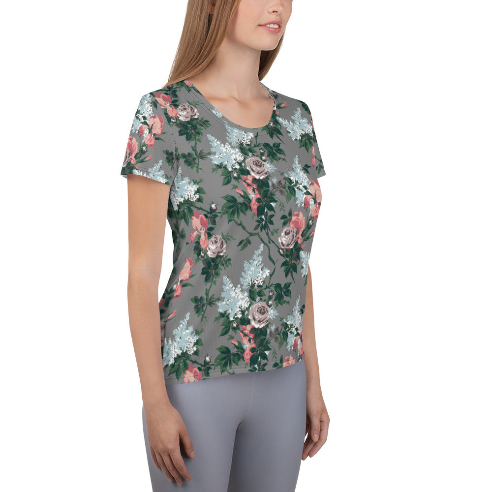 J'Adore Grey Bella Roses Print Women's Athletic T-shirt