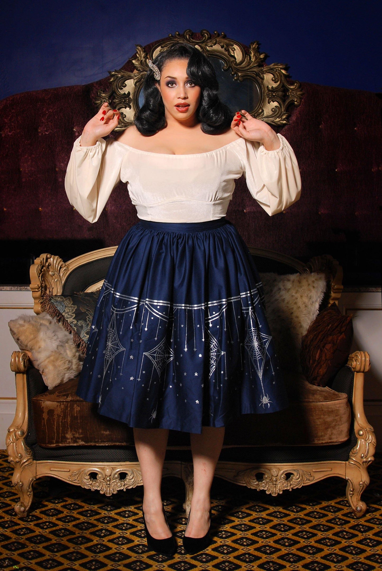 Swann Long Sleeve Peasant Top in Ivory Stretch Velvet | Pinup Couture - pinupgirlclothing.com