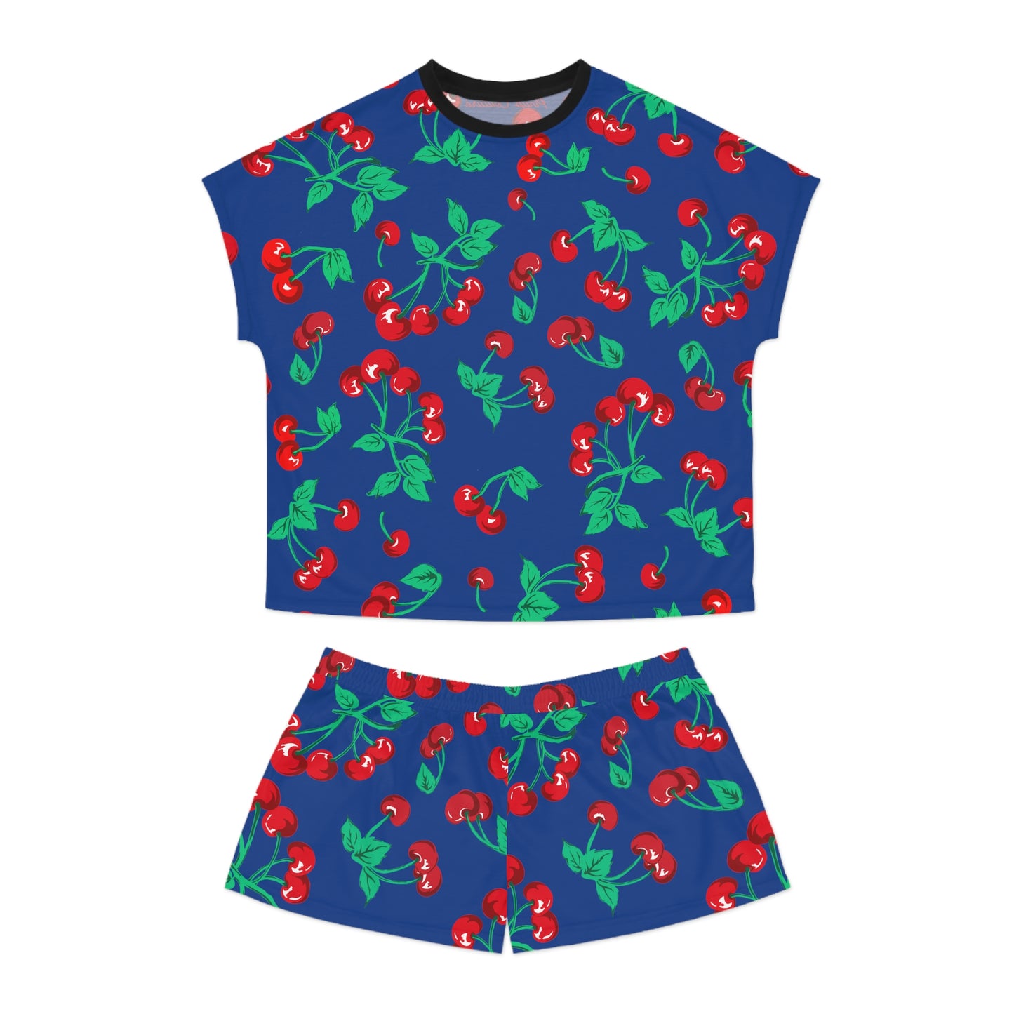TGIF Sleepover PJs in Dark Blue Cherry Girl Tee & Pajama Shorts-Set | Pinup Couture Relaxed