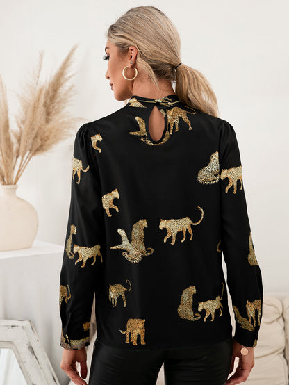 Call of the Wild Leopard Graphic Mock Neck Puff Sleeve Blouse