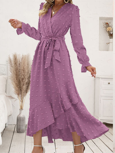 Lilia Swiss Dot Tie Waist Flounce Sleeve Maxi Dress in Lilac Orchid