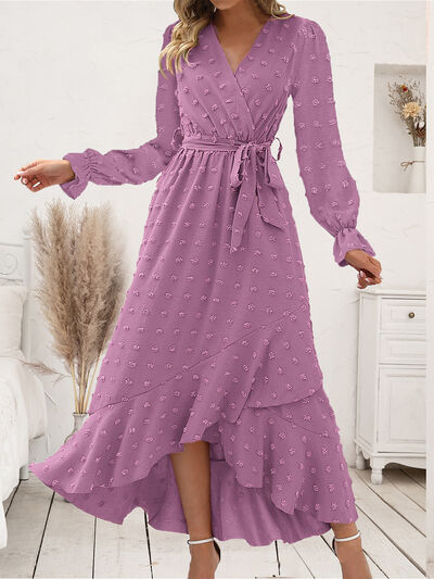 Lilia Swiss Dot Tie Waist Flounce Sleeve Maxi Dress in Lilac Orchid