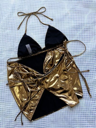 Barbra Tied Halter Neck Three-Piece Bikini Set in Gold