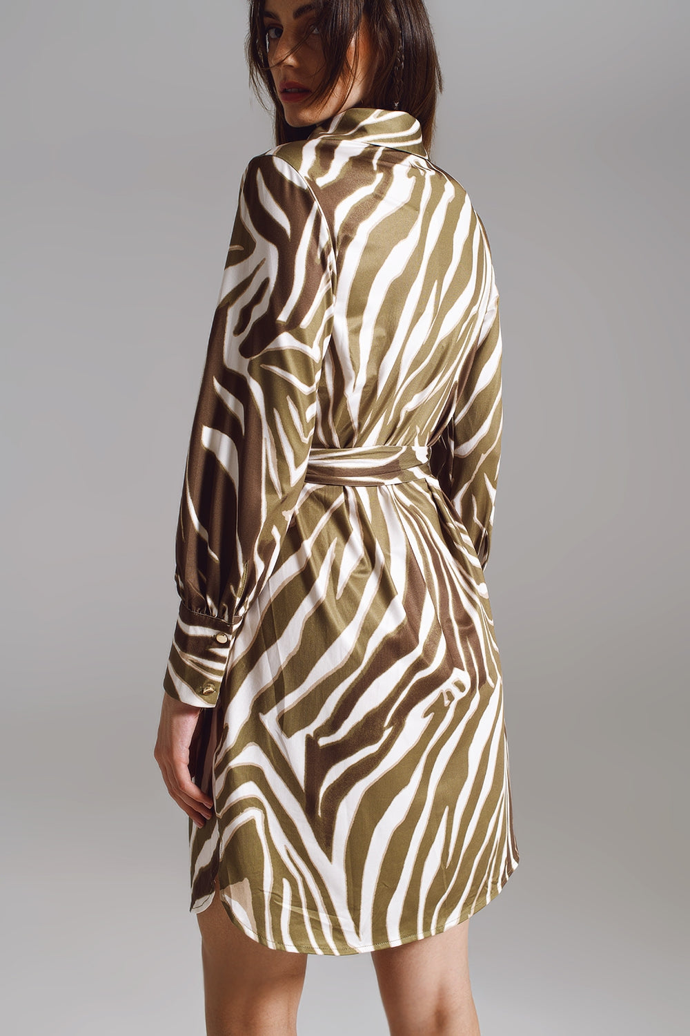 Safari 60s Mini Shirt Dress in White and Olive Green Zebra Print | Q2 Large Safari 60s Mini Shirt Dress in White and Olive Green Zebra Print | Q2 Large