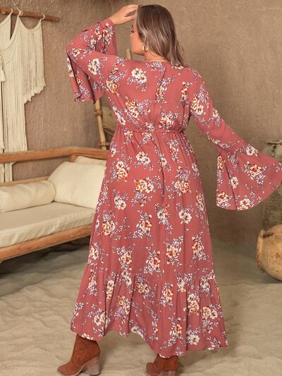 Jasmine 60's Plus Size Floral Half Button Flare Sleeve Dress | 2 Colors