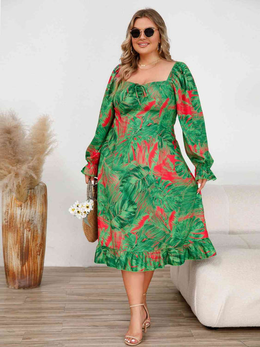 Jungle Wild 60's Plus Size Ruffled Flounce Sleeve Dress in Mid Green