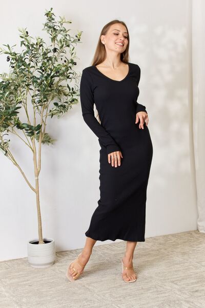 Stefany Ribbed Long Sleeve Slit Dress