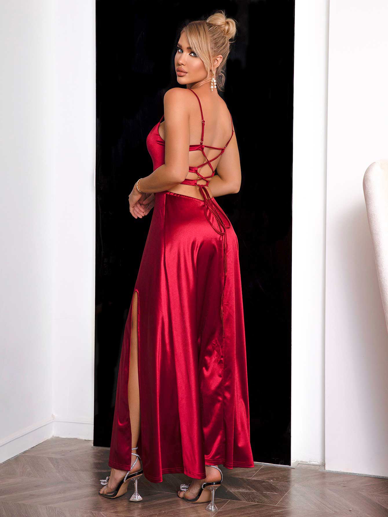 Syrah 80's Vintage Stretch Satin Strappy Gown in Wine