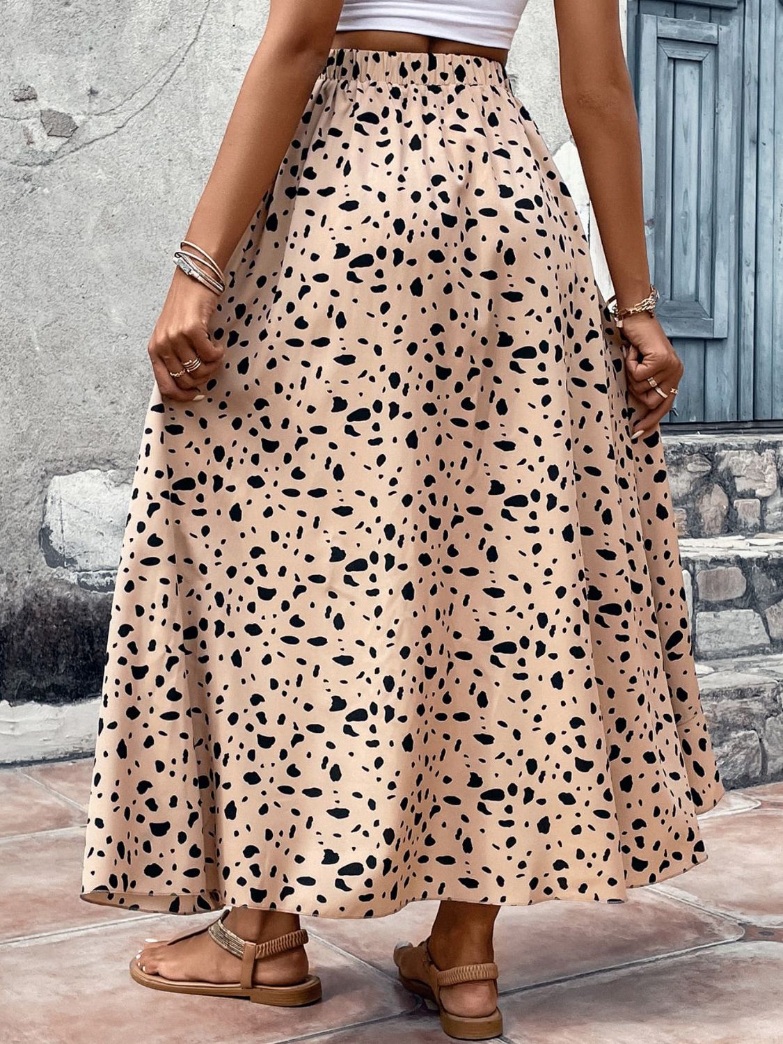 High-Low Ruffled Midi Skirt in Apricot Dot