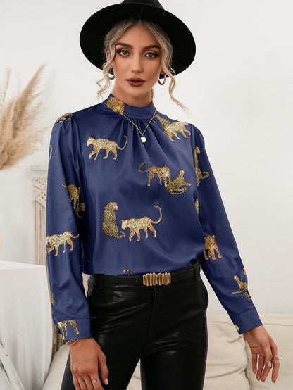 Call of the Wild Leopard Graphic Mock Neck Puff Sleeve Blouse