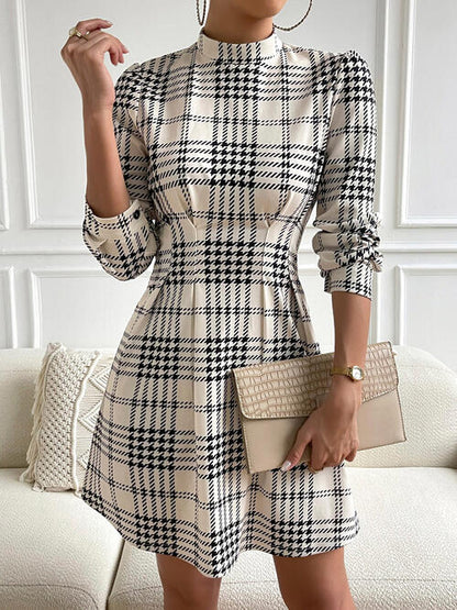 As If Houndstooth Plaid 90s Mock Neck Mini Dress